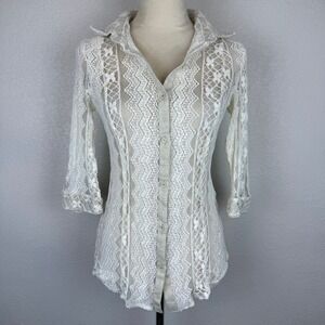 LO'FASSI Cream Lace Button Up Collared Shirt 3/4 Sleeve Sheer Boho Women's Sz M